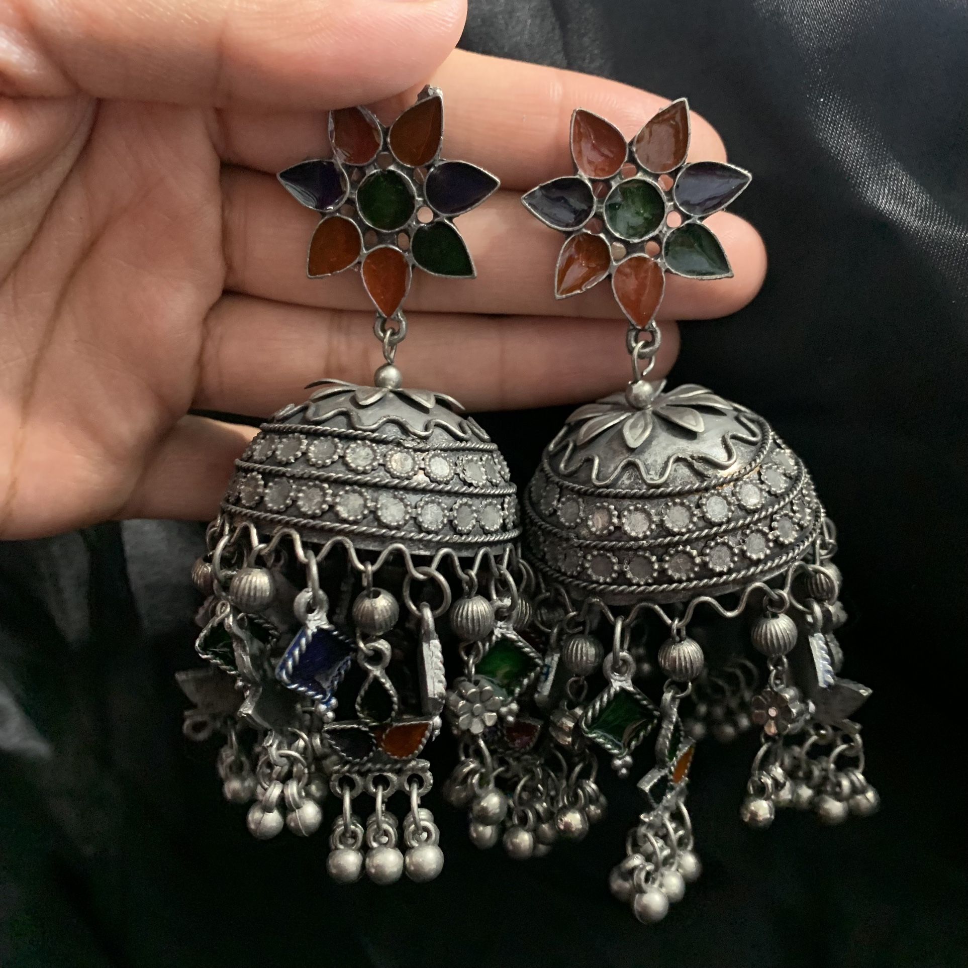 Jumbo Size German Silver Statement Black polish Jhumki Indian Bollywood Jewellery
