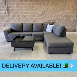 Gray Ashley L‑Sectional w/Storage Ottoman, Tray, Reversible Lids – Clean w/ Washable Covers – Delivery Available