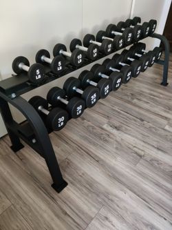 New Urethane Round Dumbbells set 550lbs 5-50lbs with Saddle Rack or 3 Tier FIRM PRICE