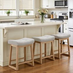 Counter Height Bar Stools Set of 3, 24 Inch Backless Upholstered Counter Stools with Solid Rubberwood Legs, Modern Farmhouse Saddle Stools for Kitchen