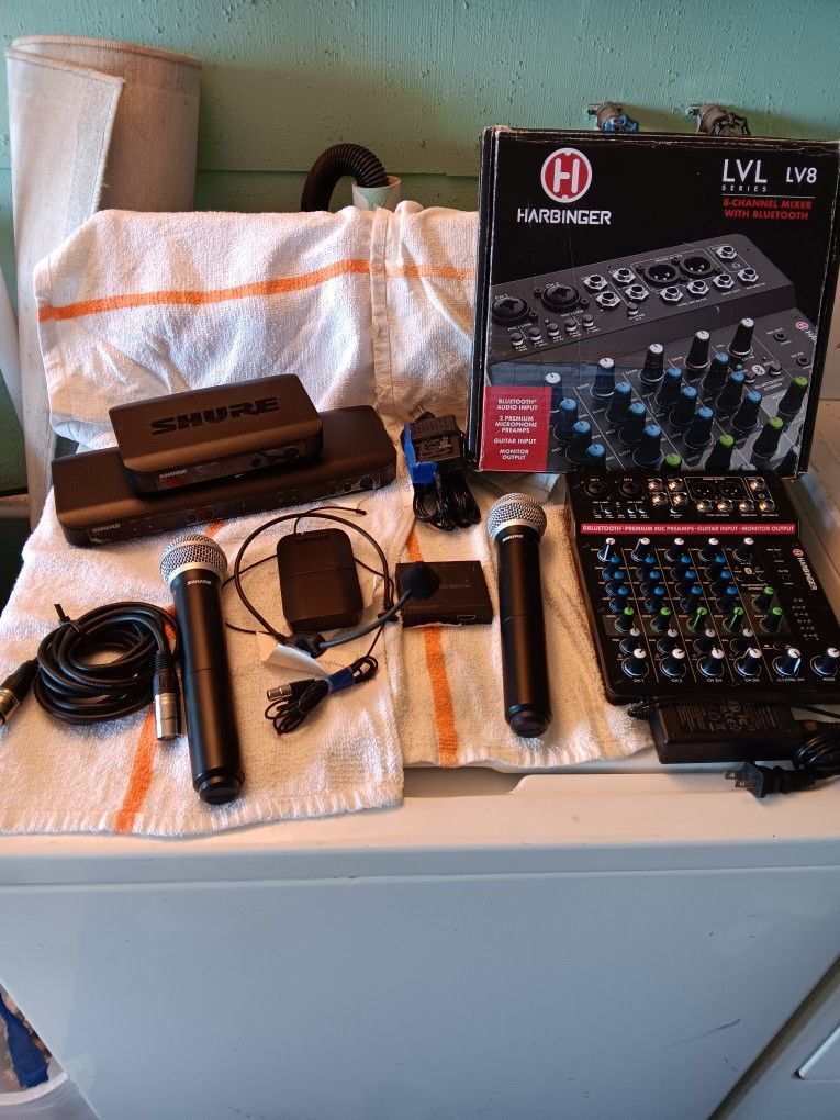 MAKE  OFFER (SHURE Electronics) 2- Microphones,  1,- Dual Receiver,  1- Single Receiver,  1- Wireless Headset Microphone,  1-  Bluetooth Mixing Board