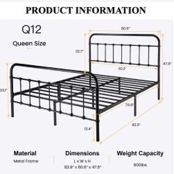 Q12-Queen size Metal Platform Bed Frame with Headboard and Footboard, Vintage Style black