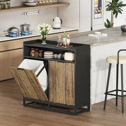 Double Tilt Out Trash Cabinet, Modern 20 Gallon Recycling Trash Bin Cabinets, Storage Cabinet for Kitchen, Laundry, Brown and Black