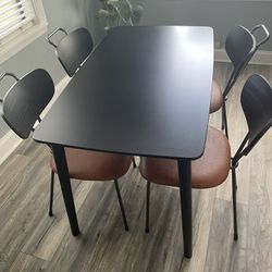 Black Dining Table and 4 Black Metal Chairs with Camel Colored Seats
