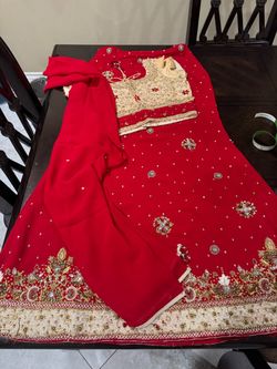 Red and Cream Embroidered Lehenga Choli with Dupatta