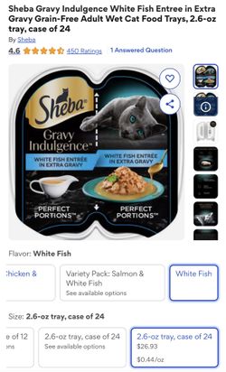New wet cat food Sheba Gravy Indulgence white fish entree in extra gravy case of 24. BB 03/12/28