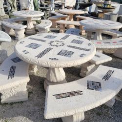 Concrete Mosaic Picnic Table with 3 Benches/ Outdoor Patio Furniture / Patio Set