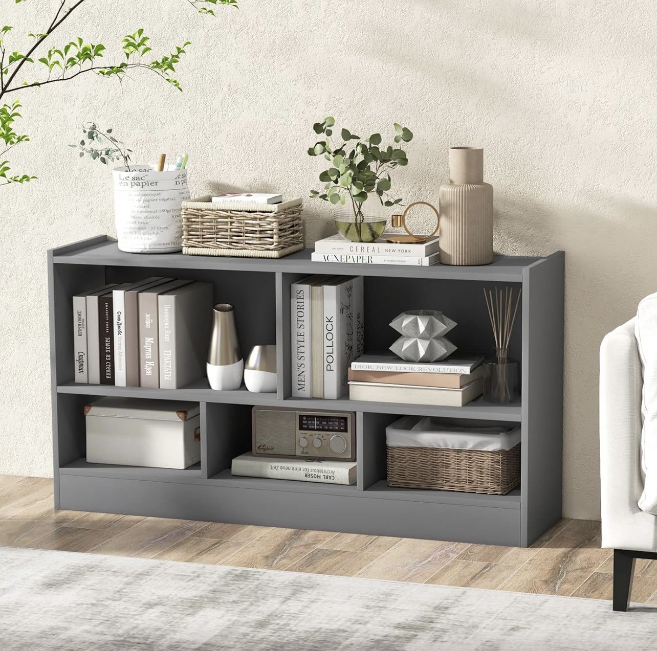5 Cube Bookcase, 2 Tier Bookshelf Organizer w/Open Compartments, Wood Bookshelves & Bookcases