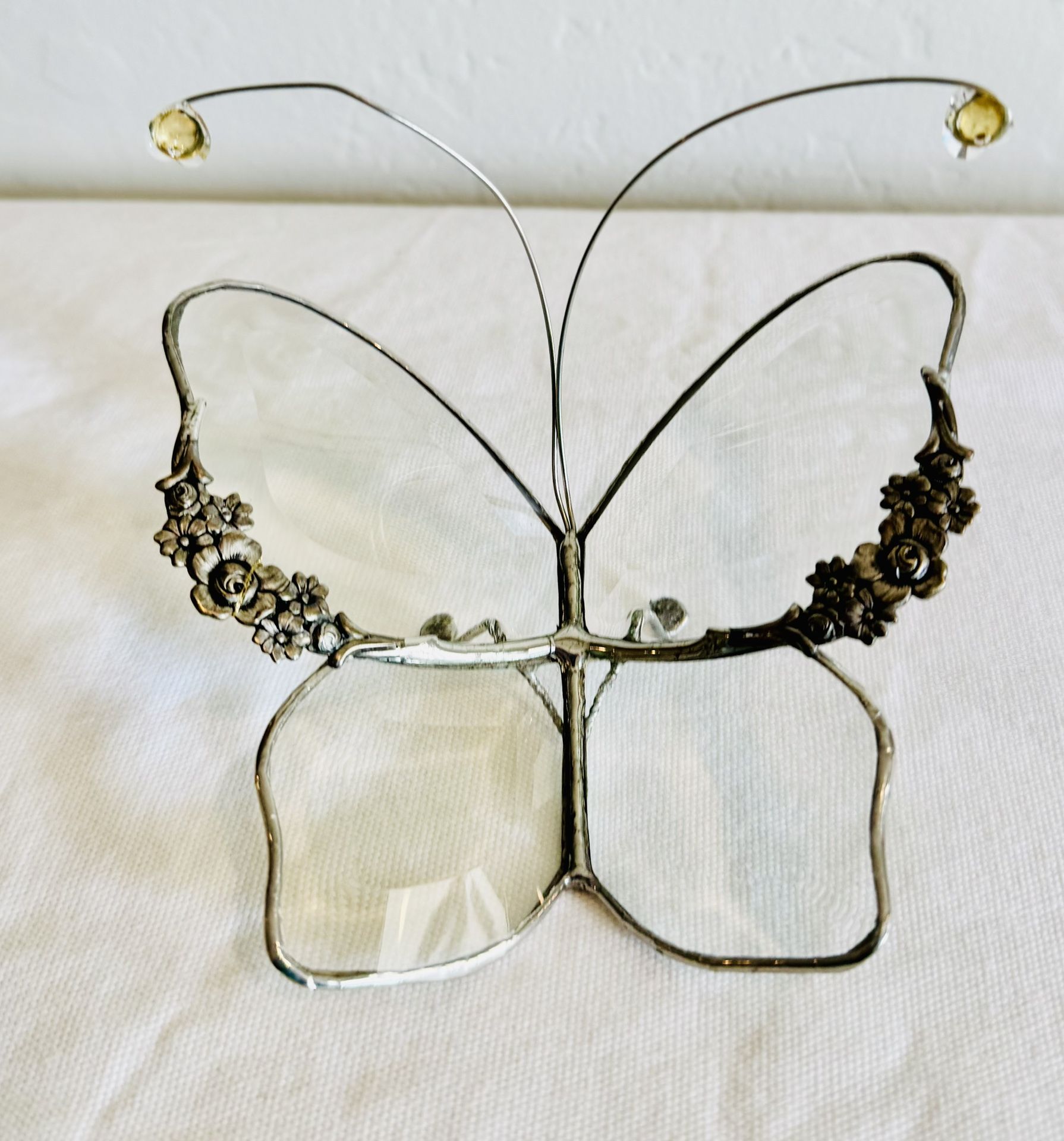 Vintage glass and pewter butterfly with flowers