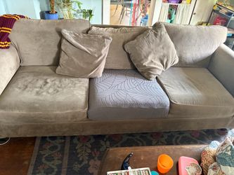 3-Seat Beige Microfiber Sofa with Pillows