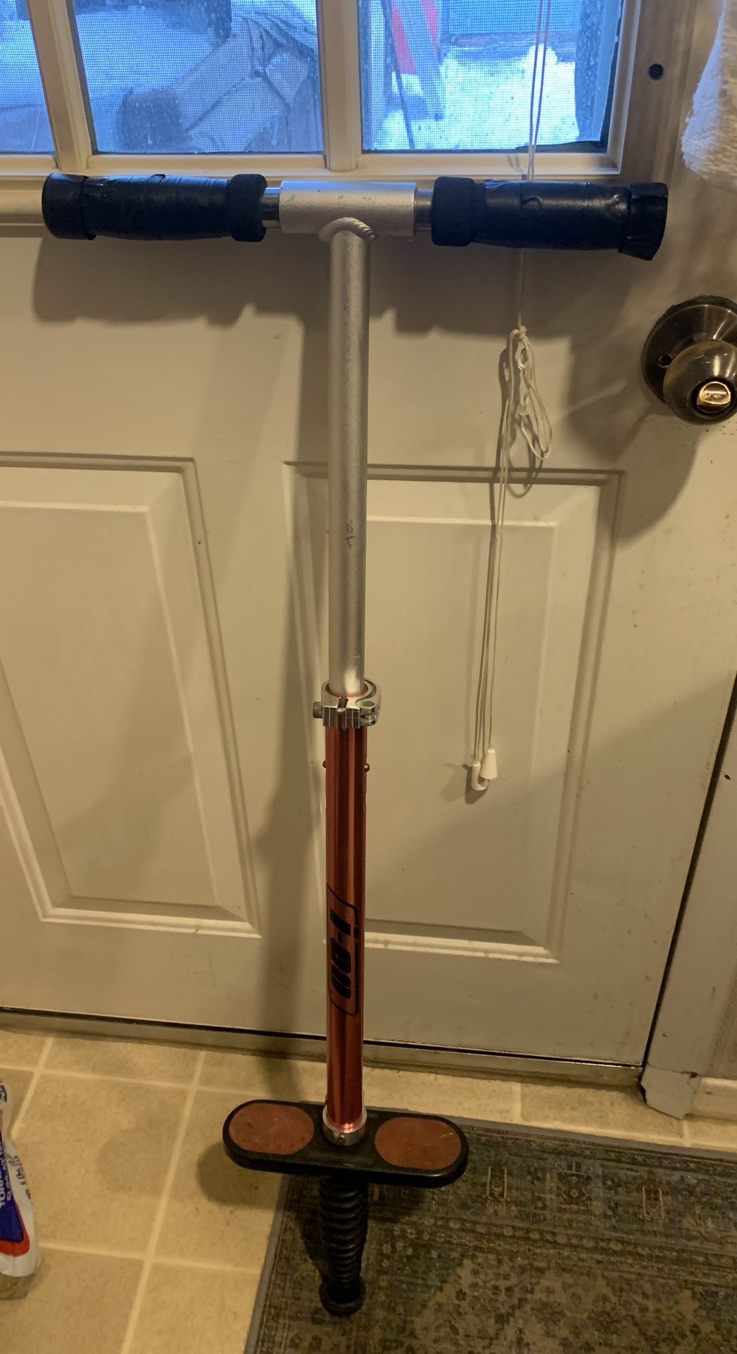 I-GoI Pogo stick adjustable to 38” high adjustable to 37” & 27” recommended weight capacity is 65 to 145 Ibs. ages 8 and Pick up BRISTOL BORO 19007 N