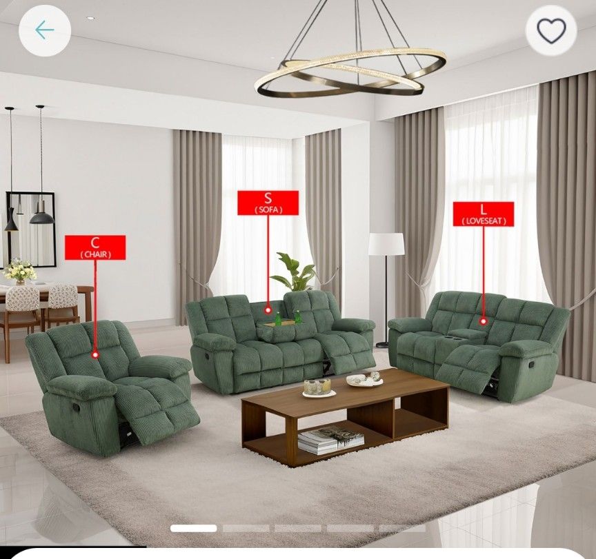 Green Corduroy 3Pcs Recliner Sofa Set