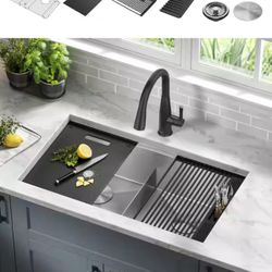 Rivet Stainless Steel 16 Gauge 33 in. Double Bowl Undermount Workstation Kitchen Sink