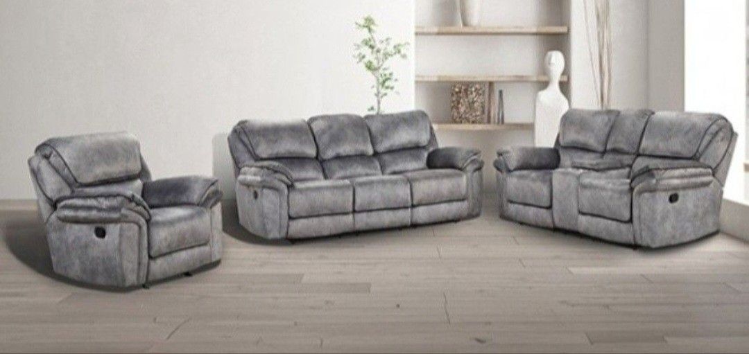 Brand New Gray Leatherette 3pc Reclining Living Room Set