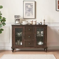 Rustic Burl Dark Walnut Kitchen Wood Sideboard Buffet with 3 Storage Drawer Dining Room Cabinet Serving Wine Cupboard