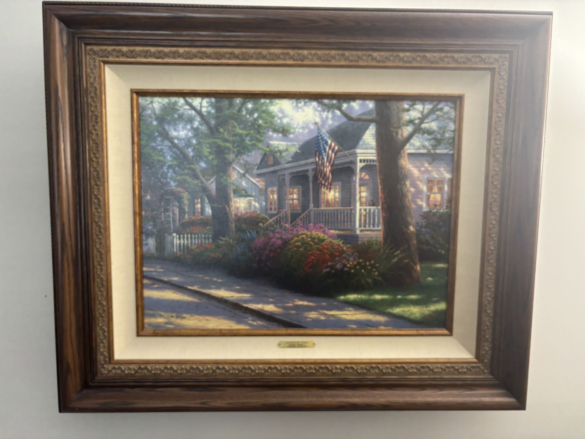 Thomas Kinkade Hometown Pride 18x24 H/E edition Oil in Dark Walnut wood frame.