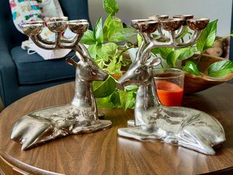 2 Crate & Barrel Silver Plated Seated Reindeer Candle Holder Candelabras
