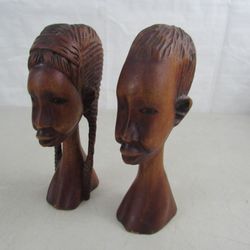 Vtg African Tribal Folkart Hand Carved Man & Woman Signed Wooden Busts


