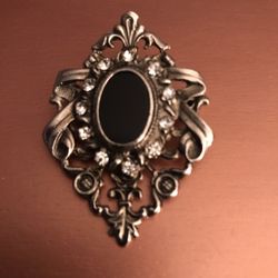 Vintage  Silver Tone Onyx  Brooch