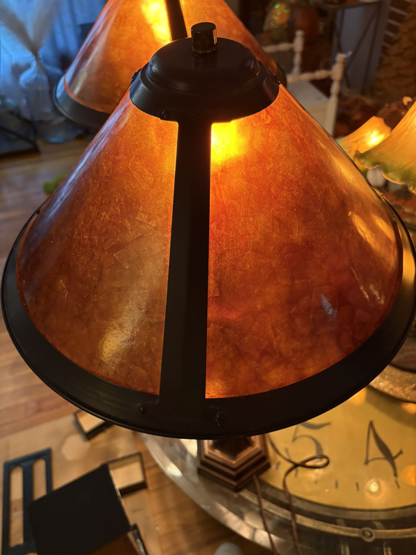 A Pair Vintage Arts and Crafts Mission Style Lamps With Mica Shades