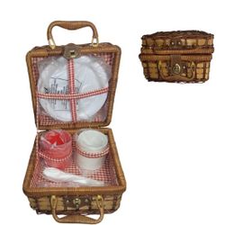 Vintage Wicker Small Picnic Basket Set For 2 Plates, Cups & More -New Read Below