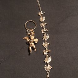 Cherub 8”-10” Gold Toned Bracelet & a 2”X1 3/4” Cherub Keychain Accessory
