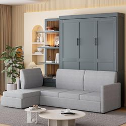 Gray Queen Murphy Bed w/ L-Shaped Sofa & Open Shelves  [NEW] **Retails for $1414 <Assembly Required>