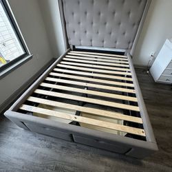 Alison Gray 3 Pc Queen Upholstered Bed Frame With 2 Drawer Storage for $600