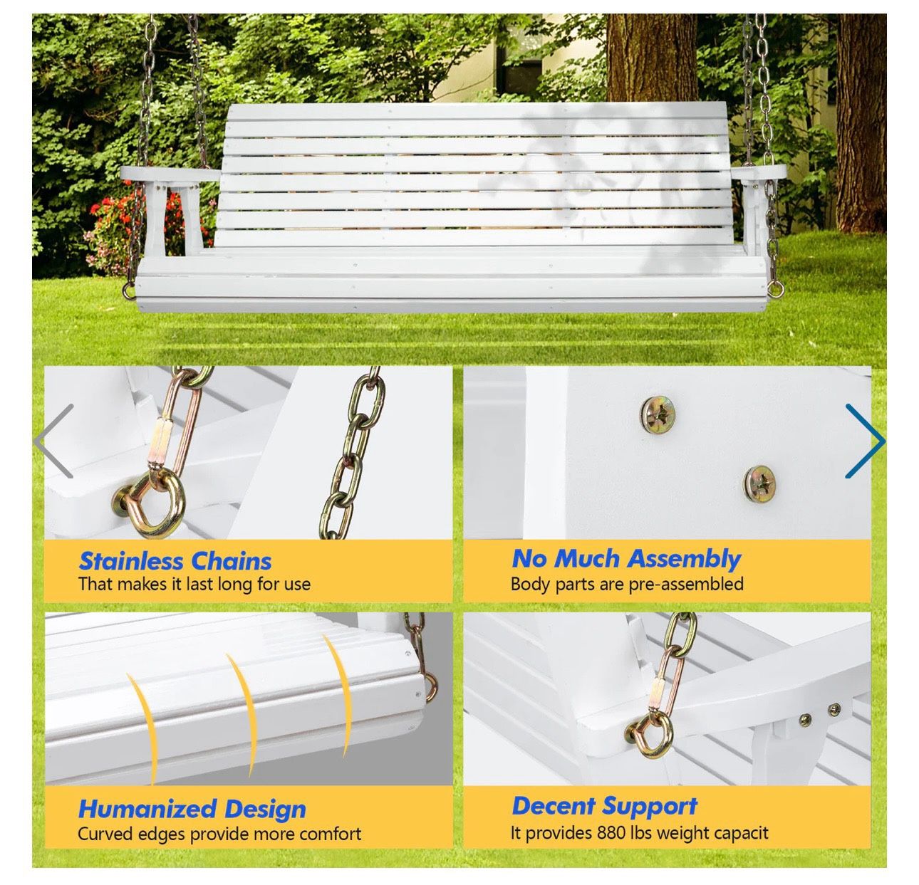 5FT Patio Wooden Porch Swing Heavy Duty 880lbs with Hanging Chains