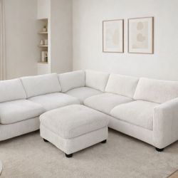 Ashley Furniture Lindyn Beige Corduroy Sectional Sofa with Ottoman – Modular Deep Seat Couch