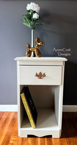 Refinished Soft Beige Side Table With Drawer & Shelf With Coordinating Backing Paper