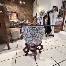 Chinese Porcelain Fishbowl Planter With Wooden Stand
