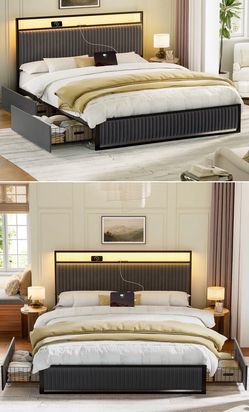 Queen Upholstered Bed Frame with 2 Storage Drawers, Modern Queen Platform Bed with Charging Station & LED Light, No Spring Box Needed, Dark Gray