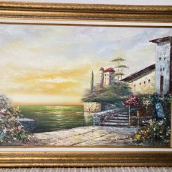 Signed Vintage Framed Oil Painting on Canvas/ Italian Seashore Villa signed by artist Daniello / Seascape, Landscape, Italy, Sunsets, Seaside, Botanic