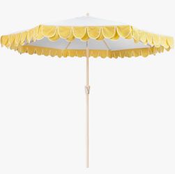 Stunning 9ft Valance Patio Umbrella. Unique Yellow Petal on White Canopy with Auto-Tilt and Crank .