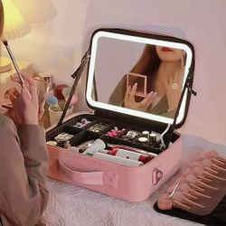 Pink PU Leather Large Portable Zipped Case Travel Makeup Bag with LED Mirror Dimmable