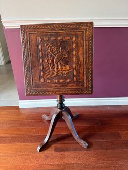 Vintage Hand-Tooled Leather Incan Battle Scene Tilt-Top Pedestal Table
