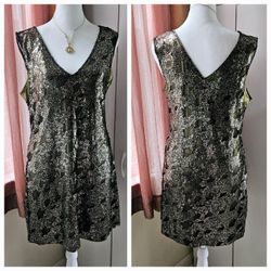 Size M Express Gold Sequined Mesh Net Sleeveless V Neck Long Dress Shirt or Short Mini Dress. Womens Ladies. 

Measures 16.5" (33") Pit to Pit and 31"