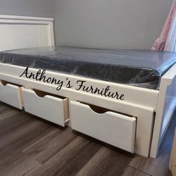 New White Twin Bed With Storage And Mattress 