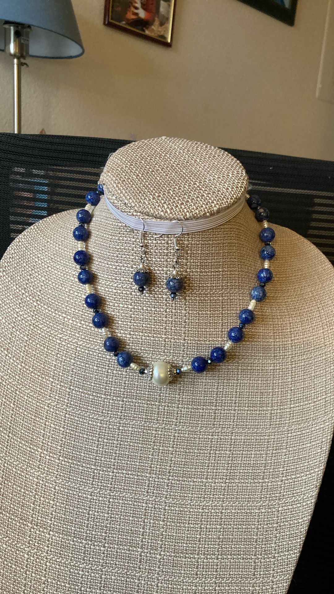 Lapis Lazuli And Pearl Necklace With Matching Earrings