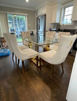 Elegant 6-Piece White Tufted Dining Set with Glass Table & Gold Base