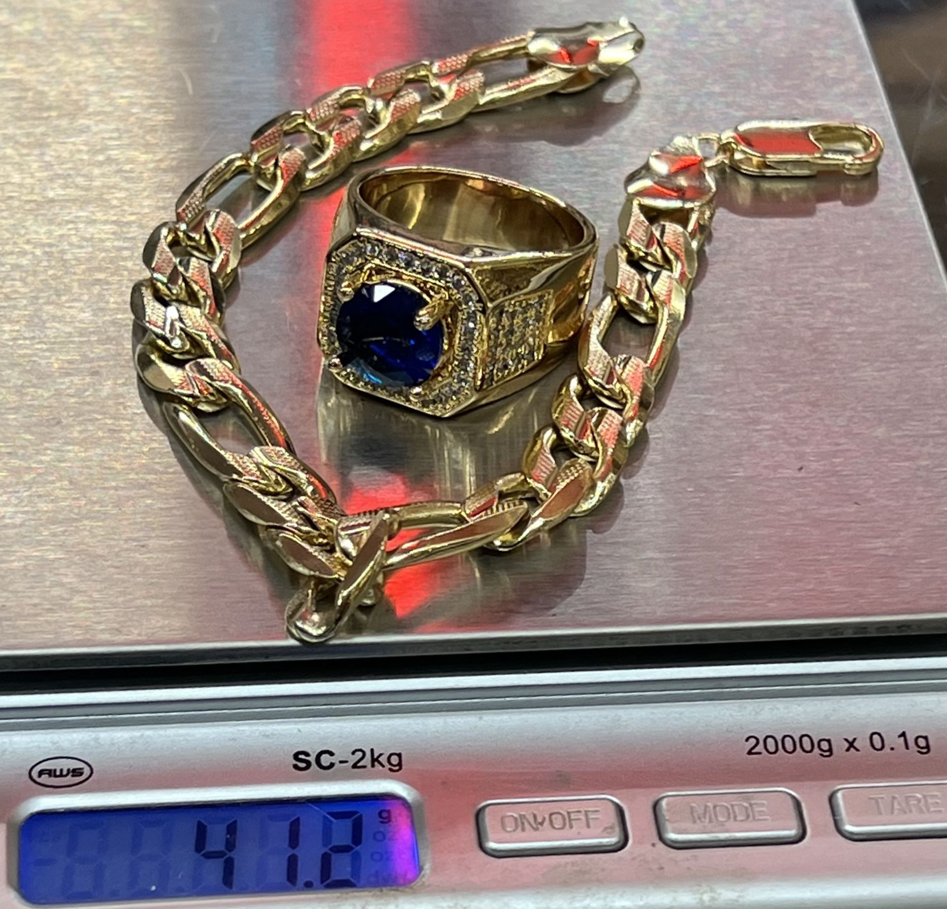 14k gold plated sapphire, CZ stones men ring and bracelet💎💎💎