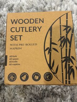 NIB: 240 Piece Disposable Bamboo Wooden Cutlery Set with Pre-Rolled Napkins (set of 60 wrapped fork, knife, spoon in a napkin)