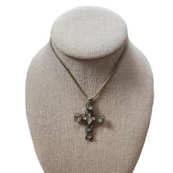 Vintage Tarnished Silver Toned Embellished Cross Pendant Suede Necklace