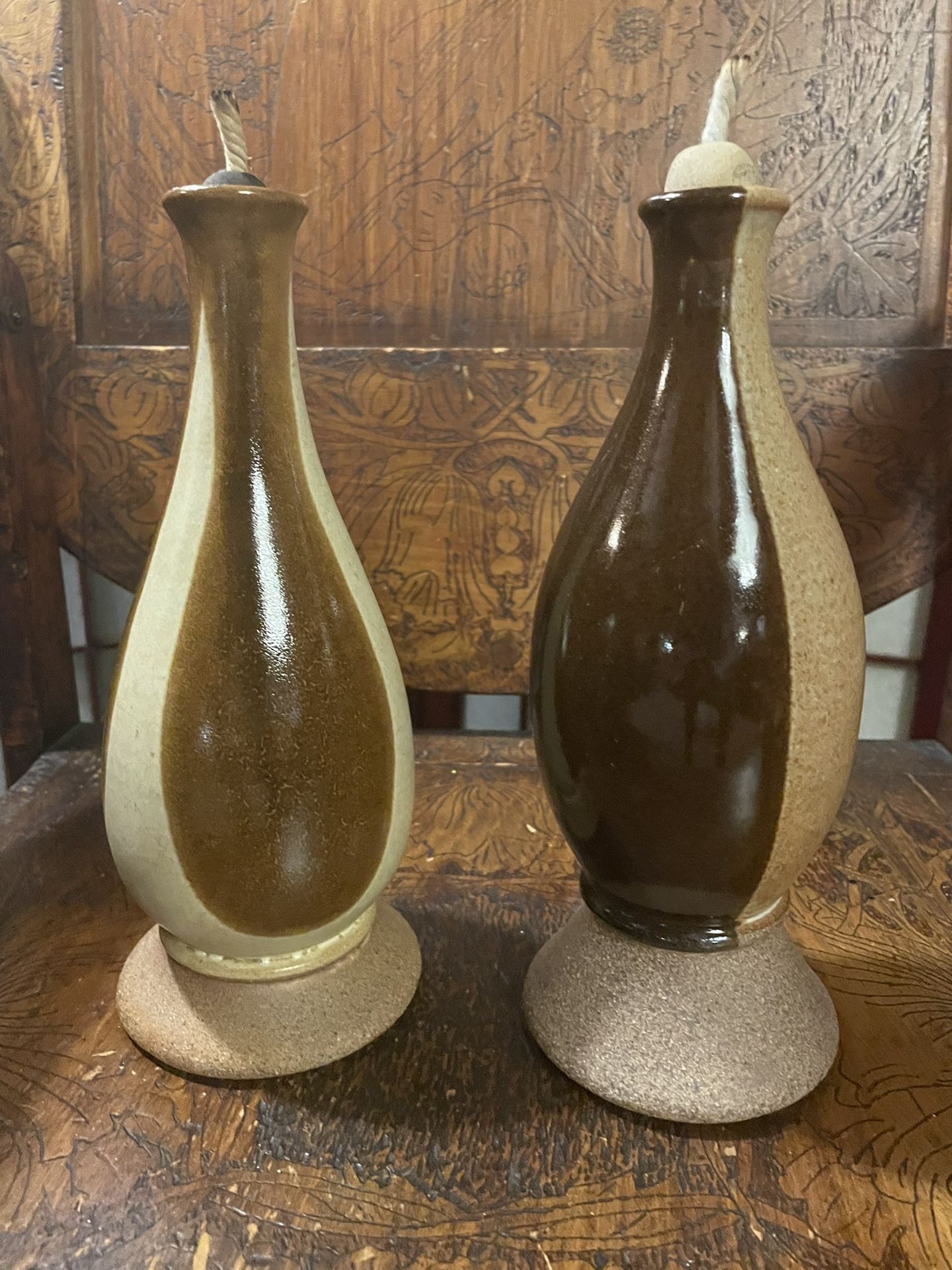 (2) Handmade Stoneware Oil Lamp - Signed - Excellent Condition - High Quality