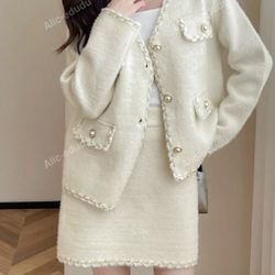 Women's Single-Breasted Casual Long Sleeve Jacket And Knee-Length Skirt Set