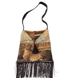 Upcycled Boho Fringe Crossbody Shoulder Bag Cheetah Handmade Reworked Crossbody  This handmade crossbody shoulder bag is a unique and stylish accessor