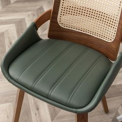 Set of 1 Green Dining Chair - Kitchen & Dining Room Chair with Walnut Bentwood Frame, Ergonomic Rattan Back, Curved Arms, Rattan Dining Chair for Livi