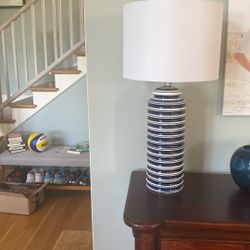 2 Navy Striped Lamps White Shades