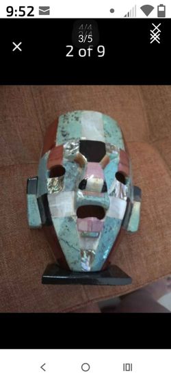 Vintage Handmade Mayan Aztec Mosaic Semi Precious Stone Burial Mask Mexican Folk Art Collectible Decor Abalone, Onyx, Turquoise Onyx